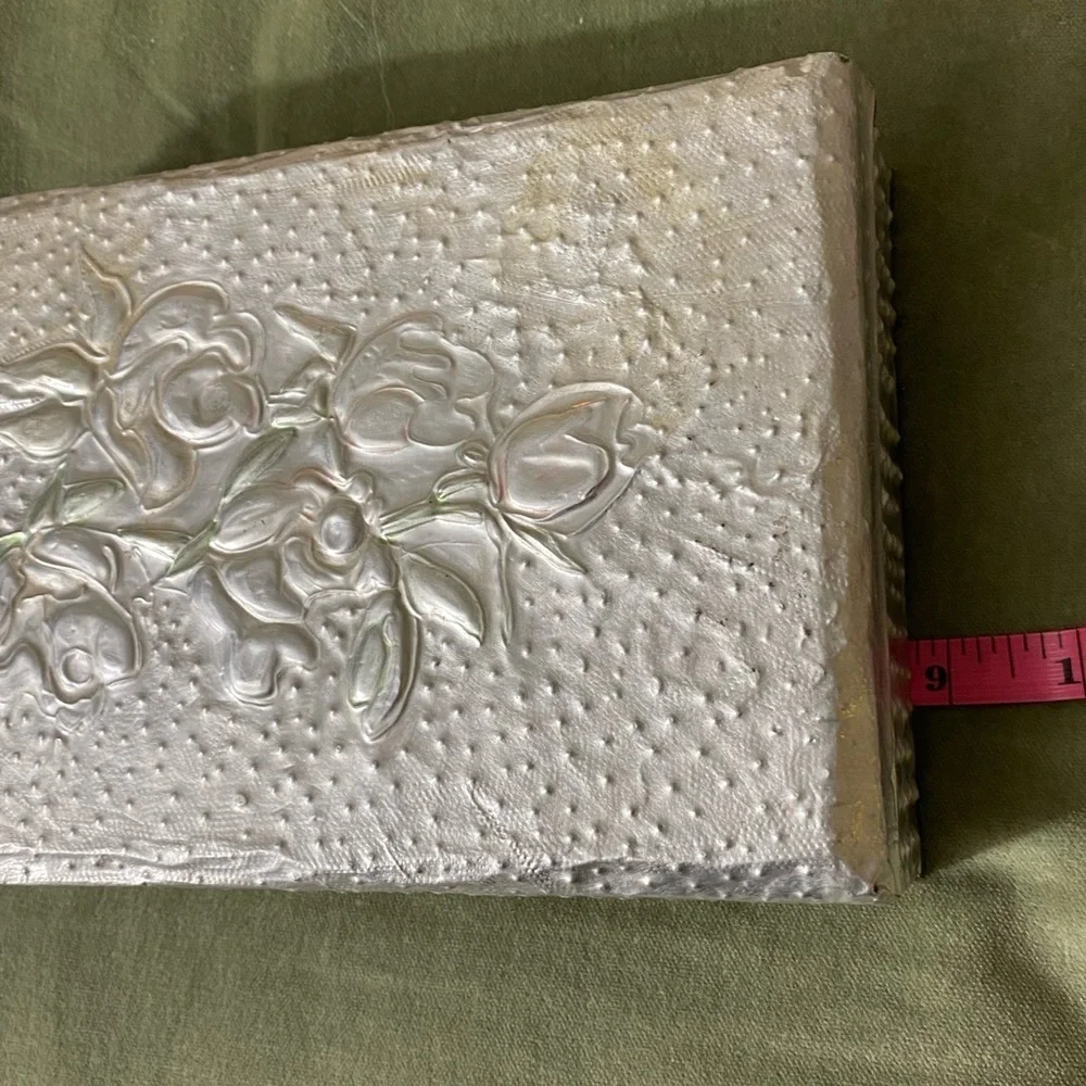 Vintage pewter covered wooden jewelry box with raised roses on top #05